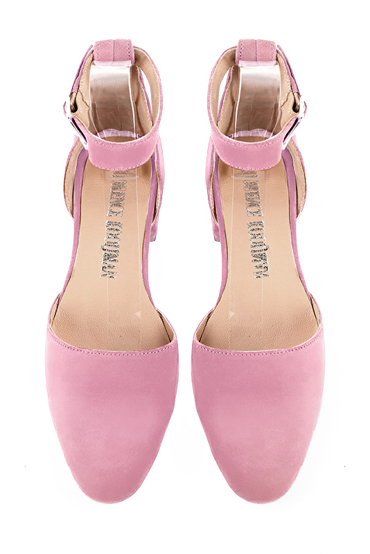 Carnation pink women's open side shoes, with a strap around the ankle. Round toe. Low block heels. Top view - Florence KOOIJMAN
